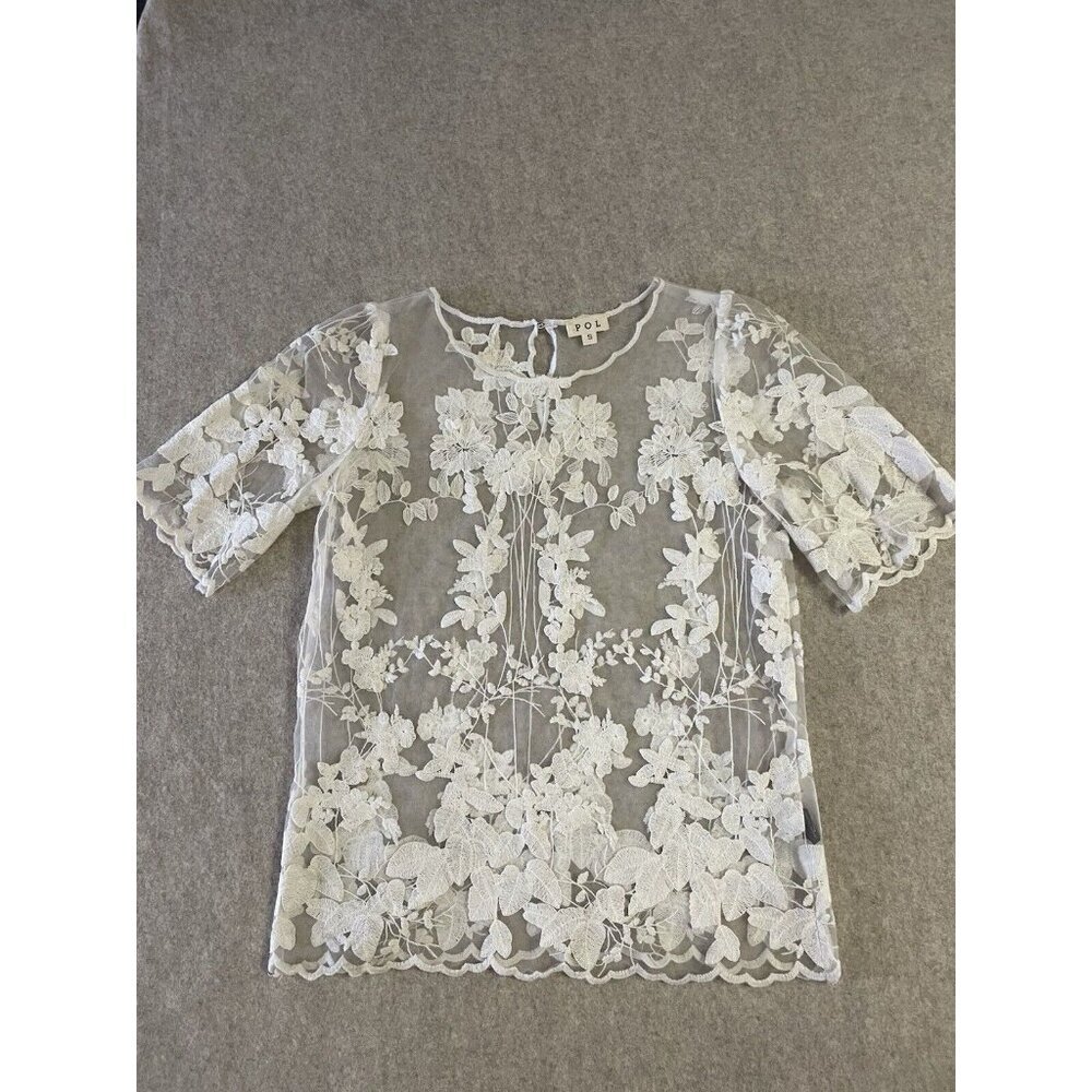 Pol Blouse Womens Small Ivory Sheer Embroidered Shirt Top Floral